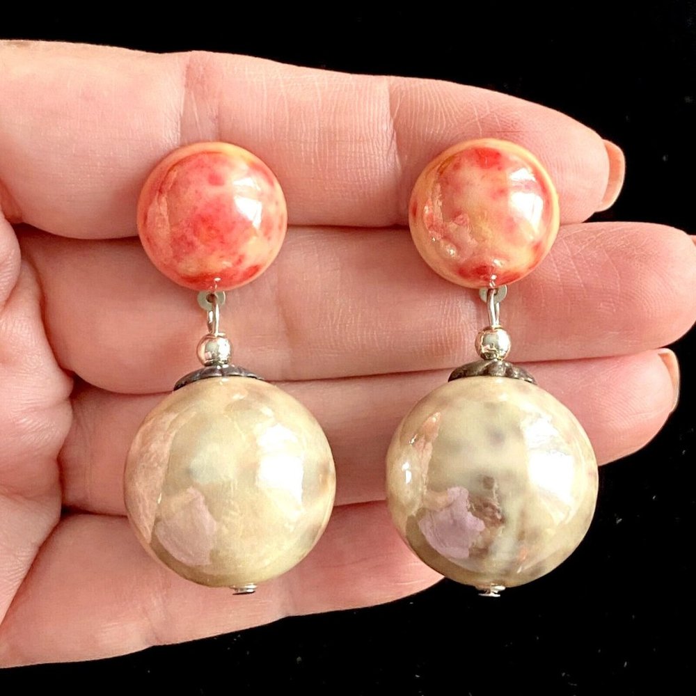 Fun Iridescent Cha Cha Balls Festive Earrings Pearlescent Red & Gray 2” Dangles